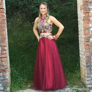 Maroon & gold 2 piece prom dress